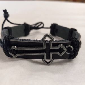 Men's leather bracelet with sliver cross one size draw string fit